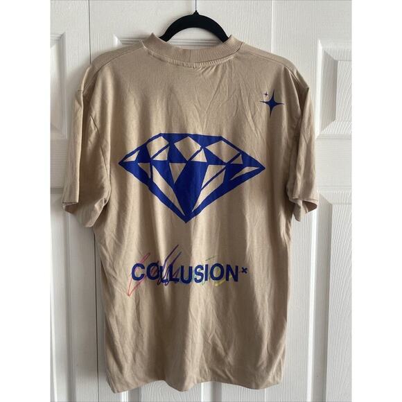 Collusion Men's Tan High Neck Graphic Tee Diamond Print Grunge Medium Streetwear - Picture 1 of 10